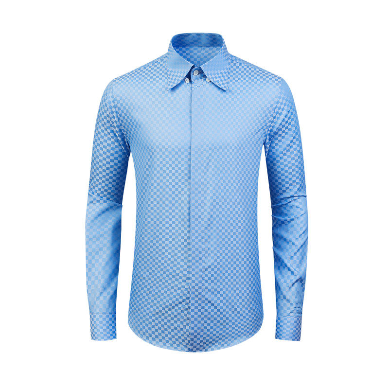 欧美轻奢格子提花大领子长袖衬衫高端商务绅士修身圆弧袖口衬衣男