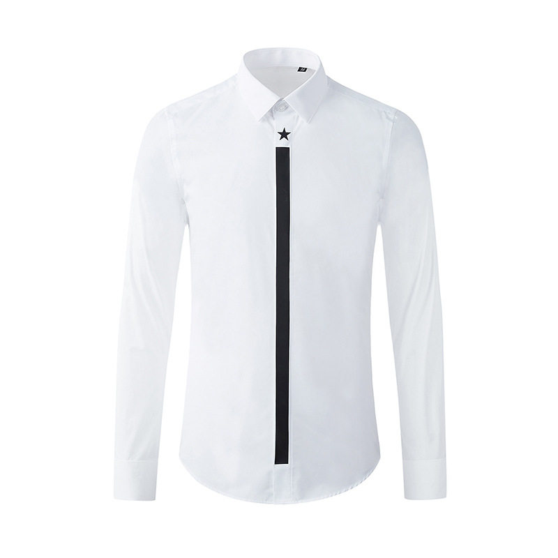 欧美轻奢男装门筒五角星竖条压胶印花长袖衬衫时尚修身条纹衬衣潮