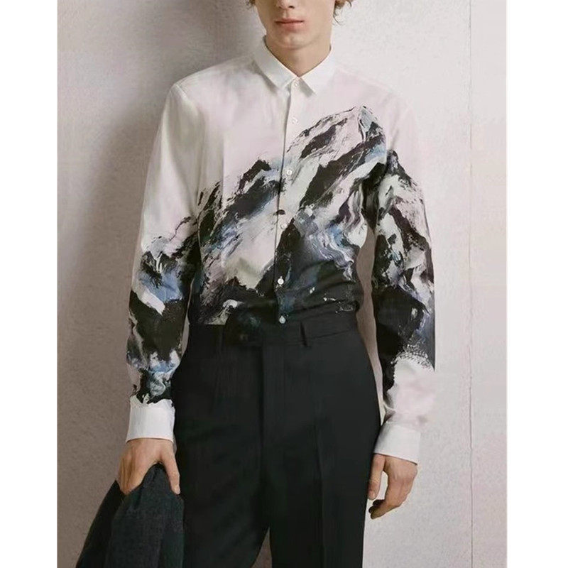 欧美轻奢男装水墨画雪山涂鸦印花长袖衬衫抗皱免烫垂感修身衬衣潮