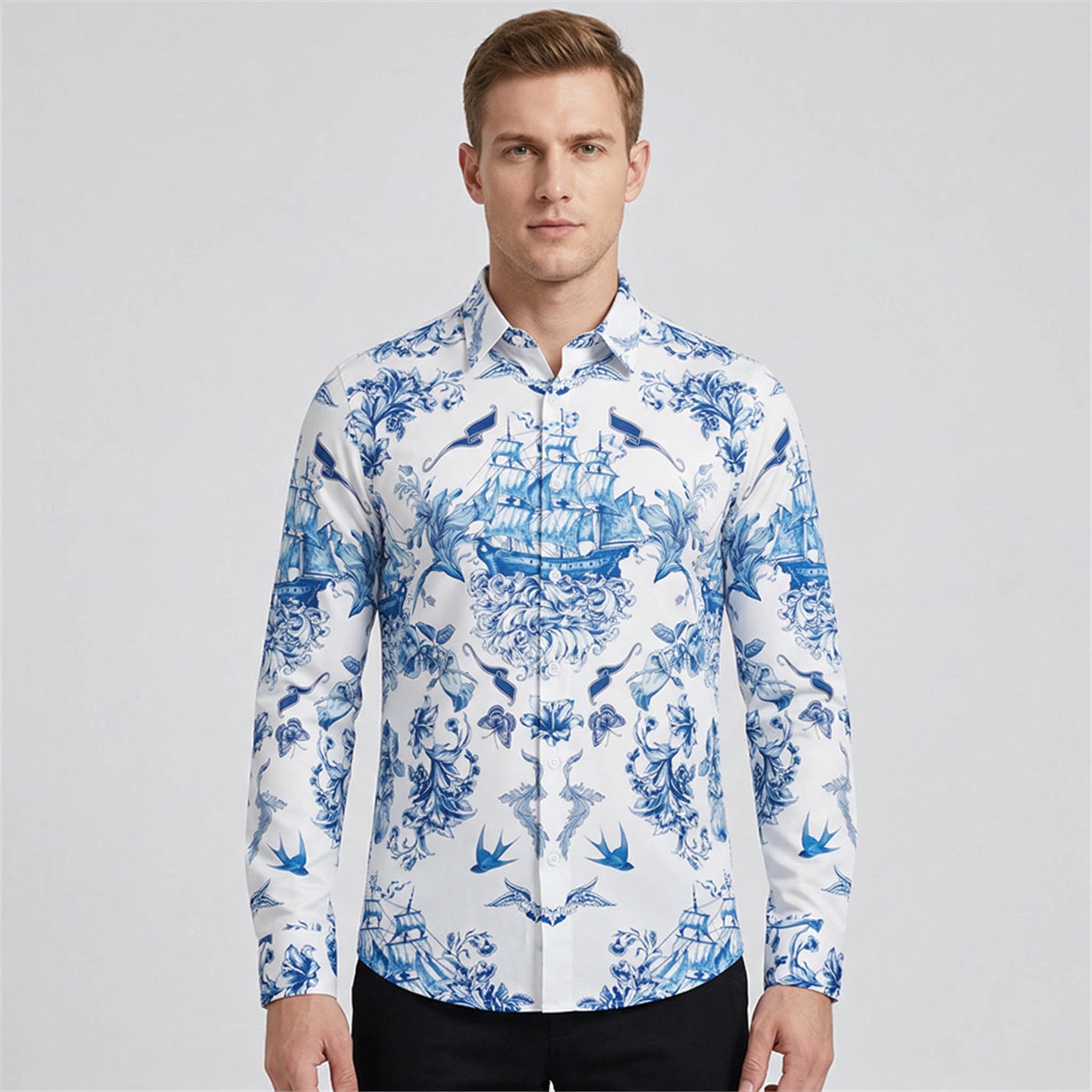 欧美轻奢男装植物花卉几何印花长袖衬衫高级感免烫抗皱修身衬衣潮