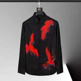 欧美轻奢男装红色飞鹰印花长袖衬衫高级感垂感免烫抗皱修身衬衣潮