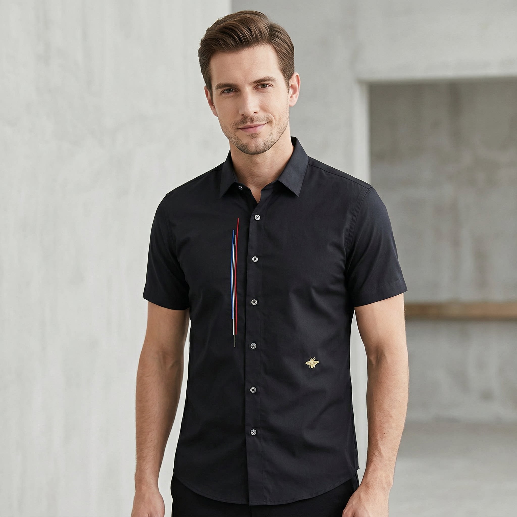 欧美男装夏季彩色竖条纹刺绣短袖衬衫金色小蜜蜂绣花纯棉修身衬衣