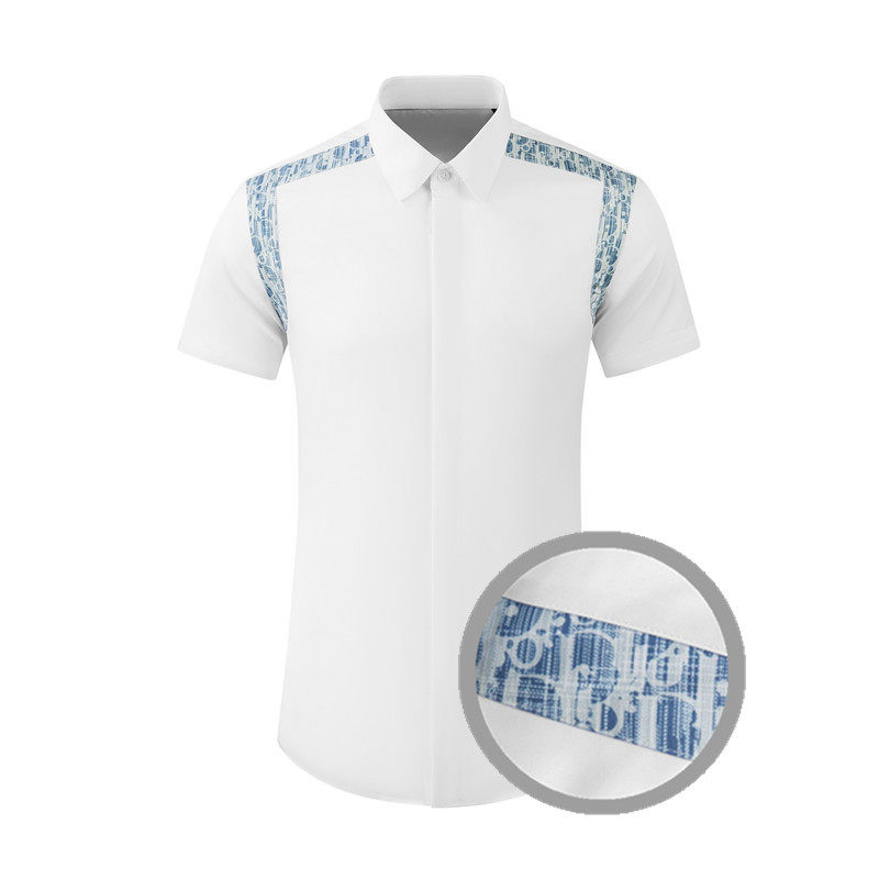 欧美轻奢男装肩袖蓝色字母拼接撞色短袖衬衫高级感商务修身衬衣潮