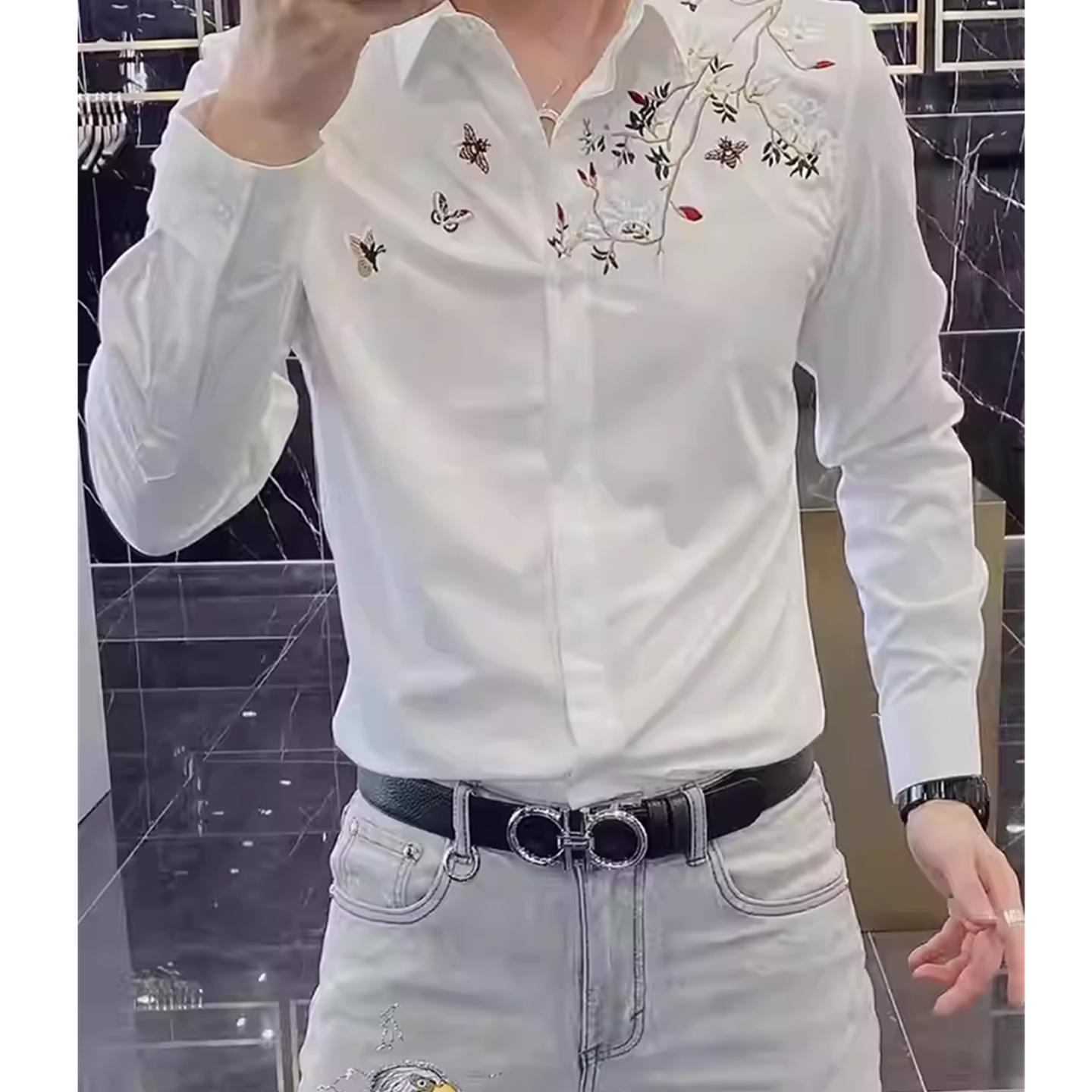 欧美男装植物花卉绣花树木刺绣长袖衬衫免烫抗皱丝滑修身衬衣潮M