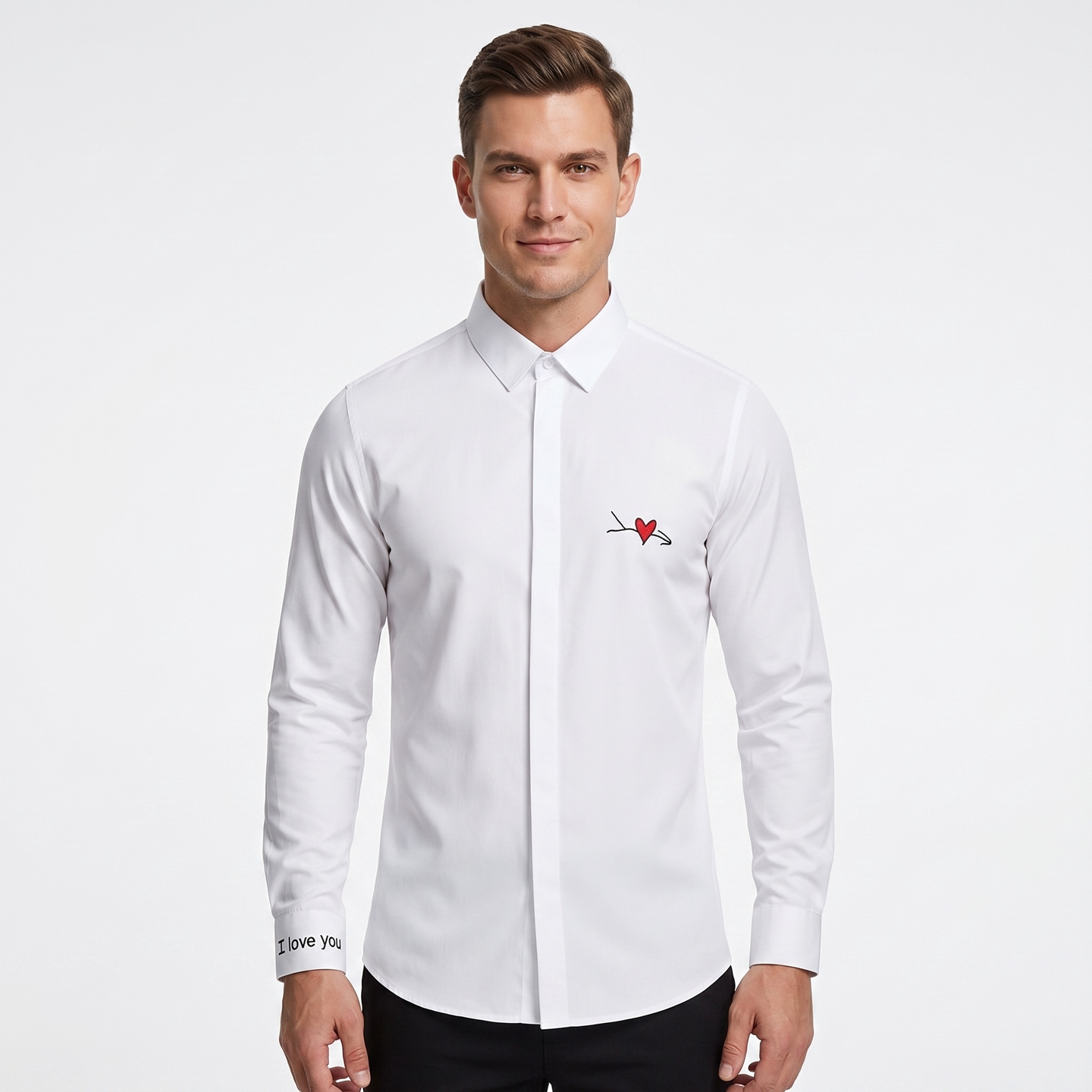 欧美轻奢男装红色爱心箭头刺绣长袖衬衫高端修身字母绣花纯棉衬衣