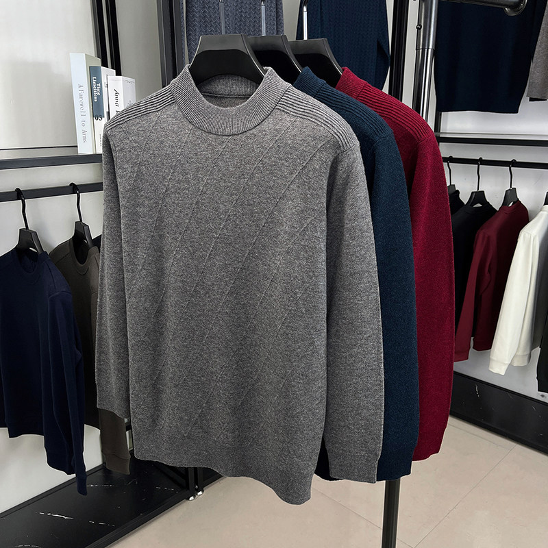 撤标撤柜（C）2025秋冬男士休闲肌理提花菱纹半高领100绵羊毛针织