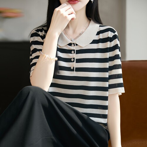 撤标撤柜（A）2026新款翻领条纹针织短袖t恤女夏季薄款冰丝针织衫