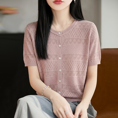 撤标撤柜（A）2026新款镂空提花针织短袖t恤女夏季薄款冰丝针织衫