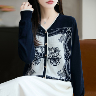 撤标撤柜(A)V领马车提花针织开衫外套女款春秋洋气女装秋冬上衣