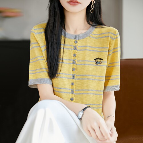撤标撤柜（A）2026新款条纹刺绣针织短袖t恤女夏季薄款冰丝针织衫