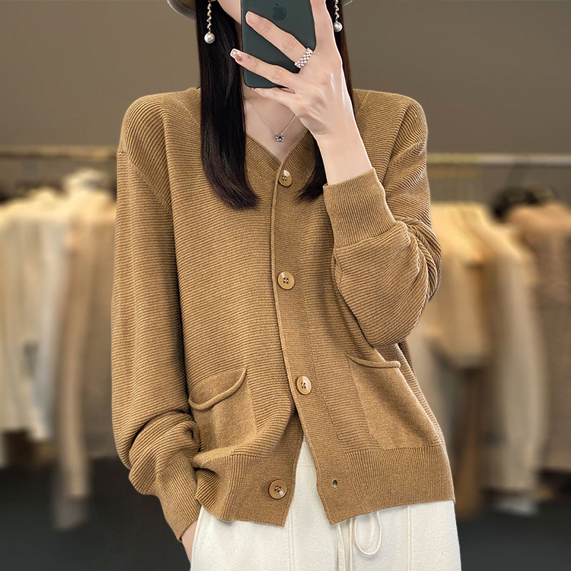 撤柜撤标(A)V领带兜针织开衫外套女春秋外搭洋气大码女装上衣