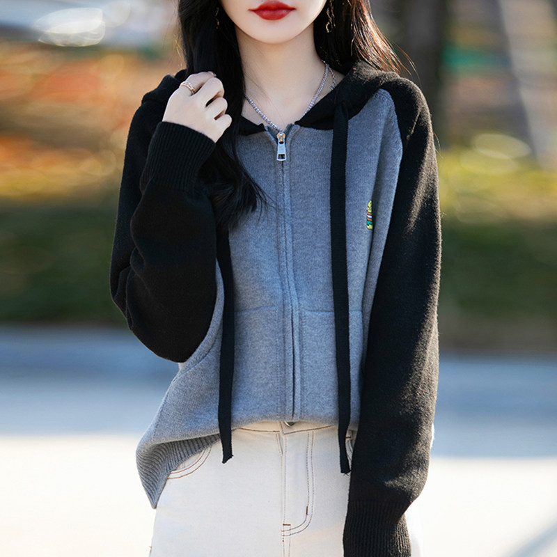 撤柜撤标(A)短外套春秋款连帽卫衣大码女装外搭针织拉链开衫毛衣