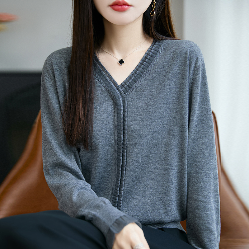 撤标撤柜(A)V领蕾丝针织打底衫女春秋上衣洋气大码女装秋冬毛衣