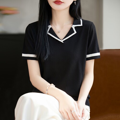 撤标撤柜（A）2026新款V领撞色针织短袖t恤女夏季薄款冰丝针织衫
