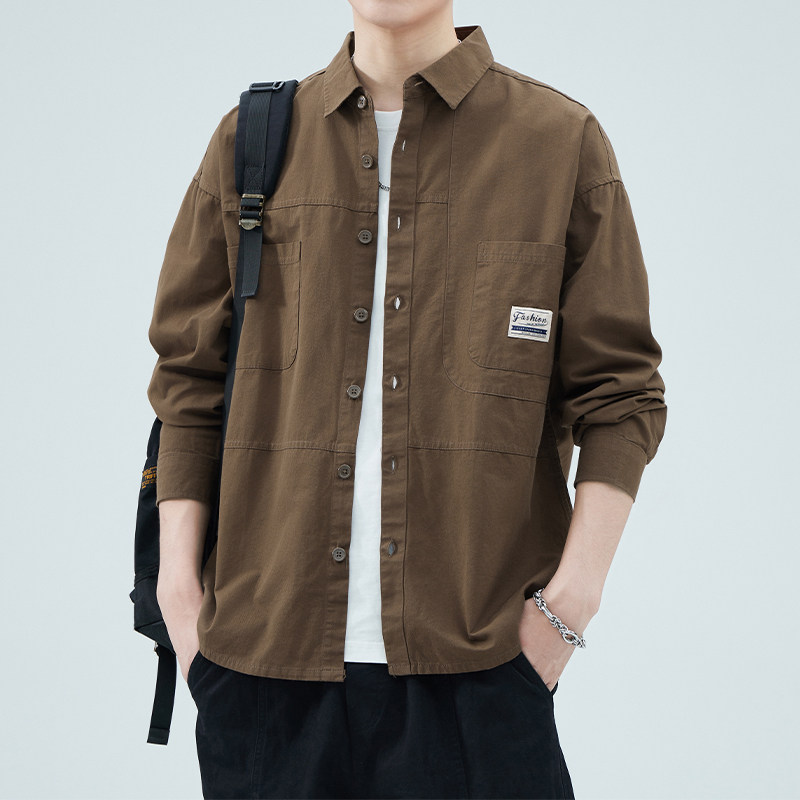 撤标撤柜(D)纯棉长袖衬衫外套男春秋款宽松潮牌百搭翻领工装衬衣