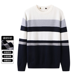 一线撤柜撤标男式2023年新款秋季时尚条纹休闲柔然舒适长袖针织衫
