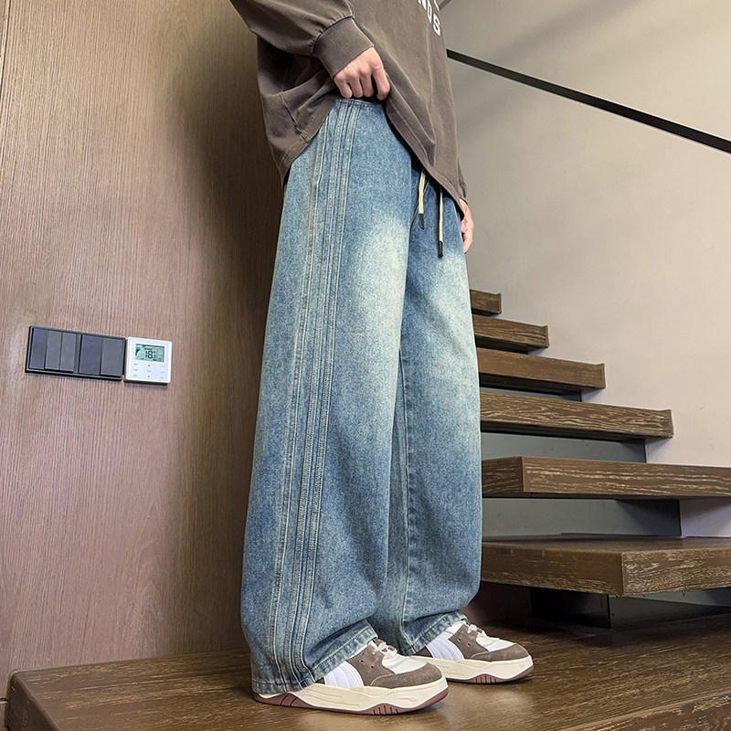 撤柜撤标(D)男款牛仔裤春秋潮牌时尚帅气宽松抽绳百搭阔腿直筒裤,男装,牛仔裤,淘宝优惠券,粉丝福利购,淘宝优惠卷