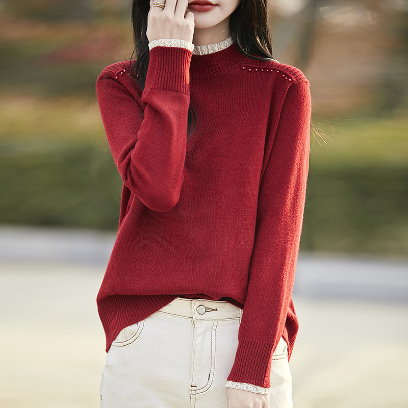 撤标撤柜(A)春秋款半高领钉珠针织打底衫女洋气内搭大码女装毛衣