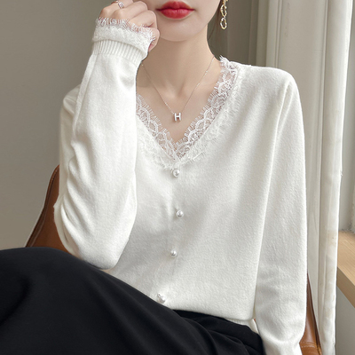 撤柜撤标(A)蕾丝V领针织打底衫女春秋内搭上衣洋气大码女装毛衣