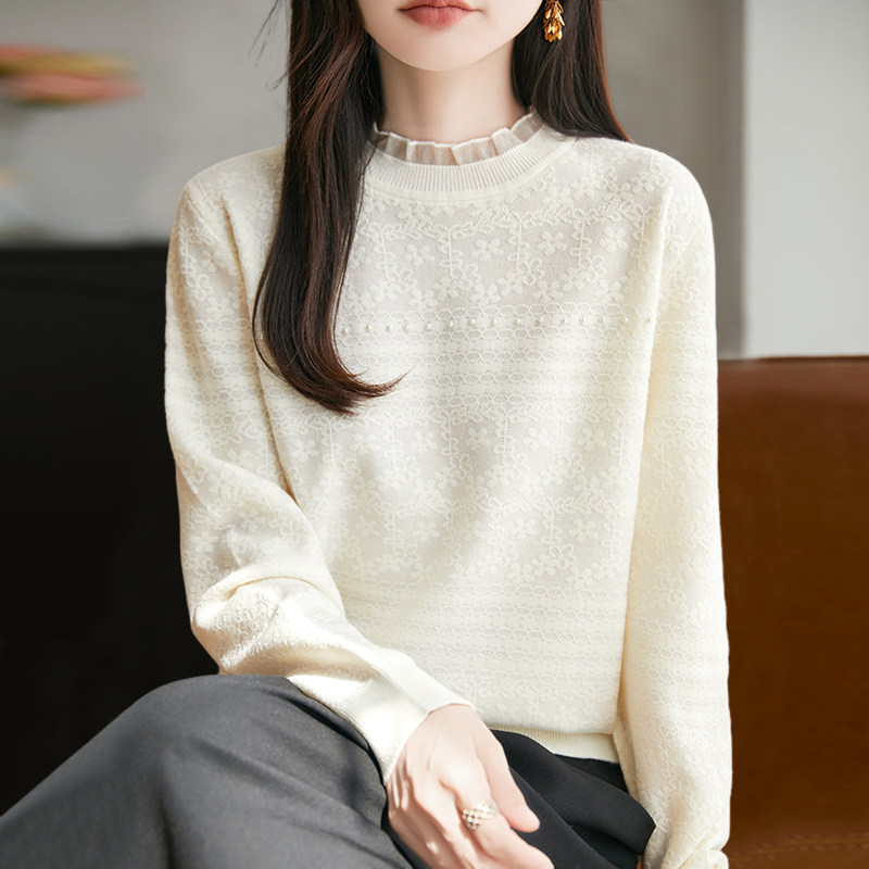 撤标撤柜(A)蕾丝钉珠提花针织打底衫女春秋洋气大码女装秋冬毛衣