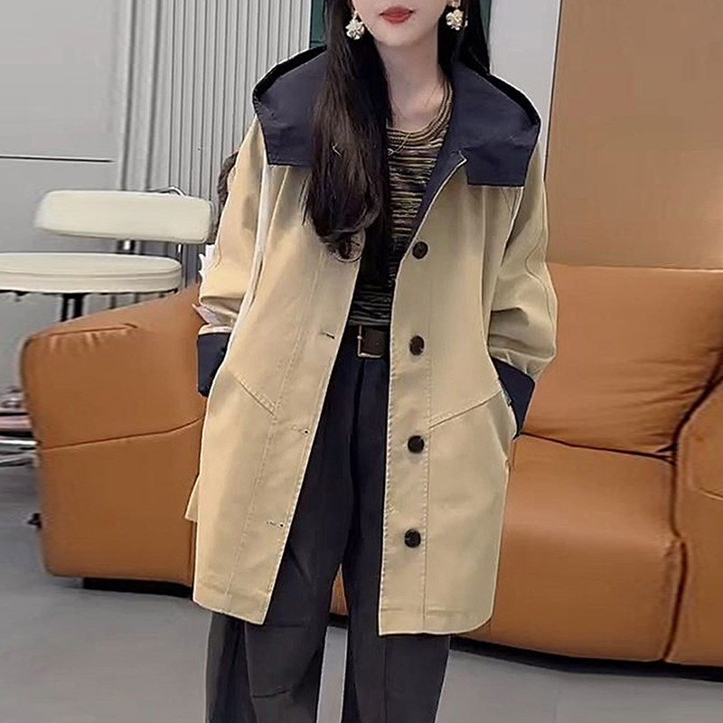 一线撤标撤柜2025年女秋季新款休闲柔软百搭时尚舒适撞色连帽风衣,女装/女士精品,风衣,淘宝优惠券,粉丝福利购,淘宝优惠卷