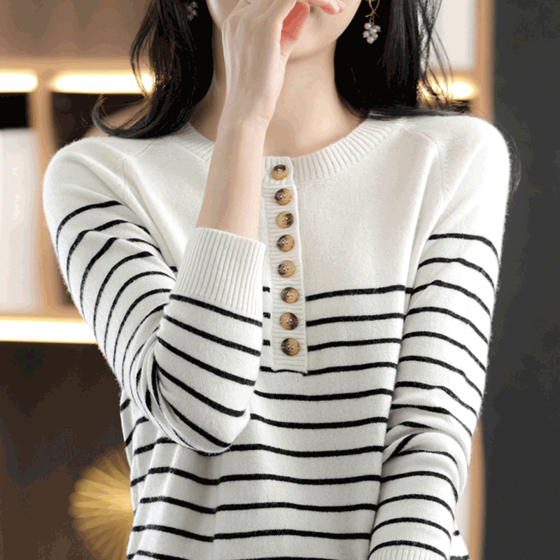 撤标撤柜(A)打底衫女春秋内搭半开领条纹针织上衣加大码秋冬毛衣