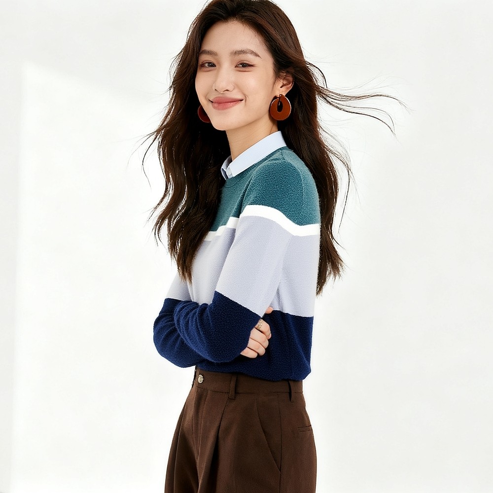 【H家】撤标撤柜！2025春秋女简约拼色时尚条纹双领假两件针织衫,女装/女士精品,毛针织衫,淘宝优惠券,粉丝福利购,淘宝优惠卷