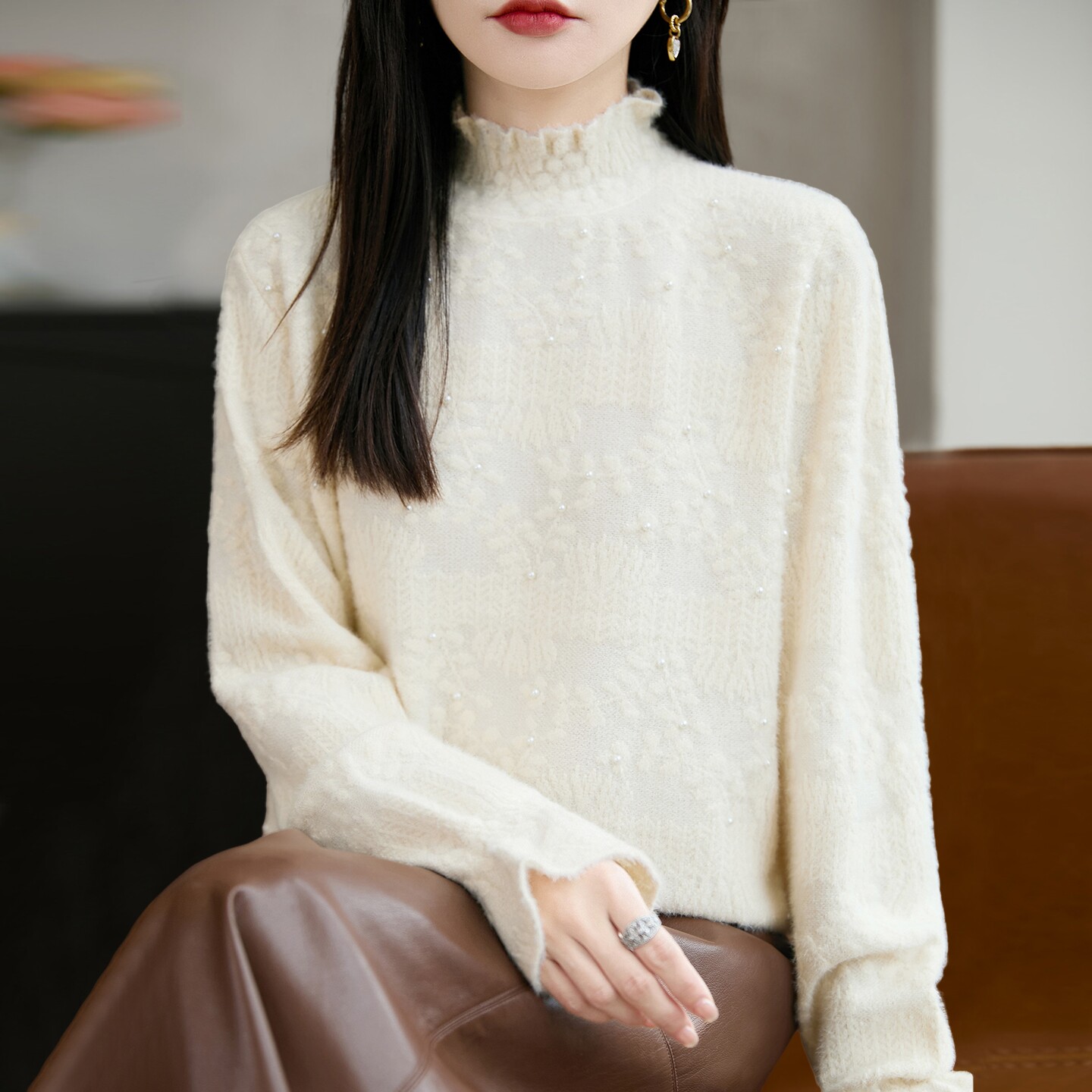 撤标撤柜(A)半高领蕾丝提花针织打底衫女洋气女装上衣秋冬毛衣