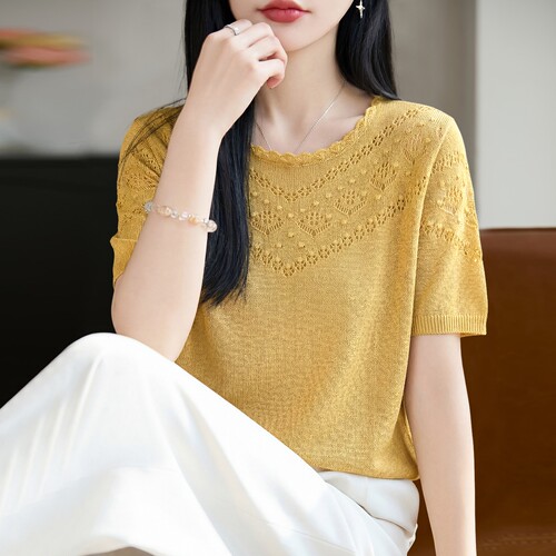 撤标撤柜（A）2026新款蕾丝镂空针织短袖t恤女夏季薄款冰丝针织衫