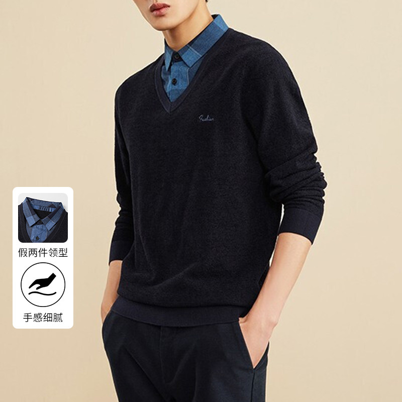 品牌撤柜春秋季男士经典休闲保暖舒适摇粒绒假两件双领针织衫上衣,男装,针织衫/毛衣,淘宝优惠券,粉丝福利购,淘宝优惠卷