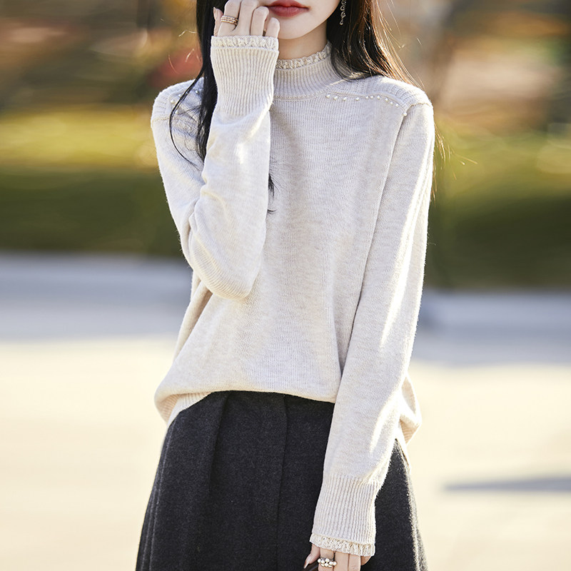 撤标撤柜(A)春秋款半高领钉珠针织打底衫女洋气内搭大码女装毛衣
