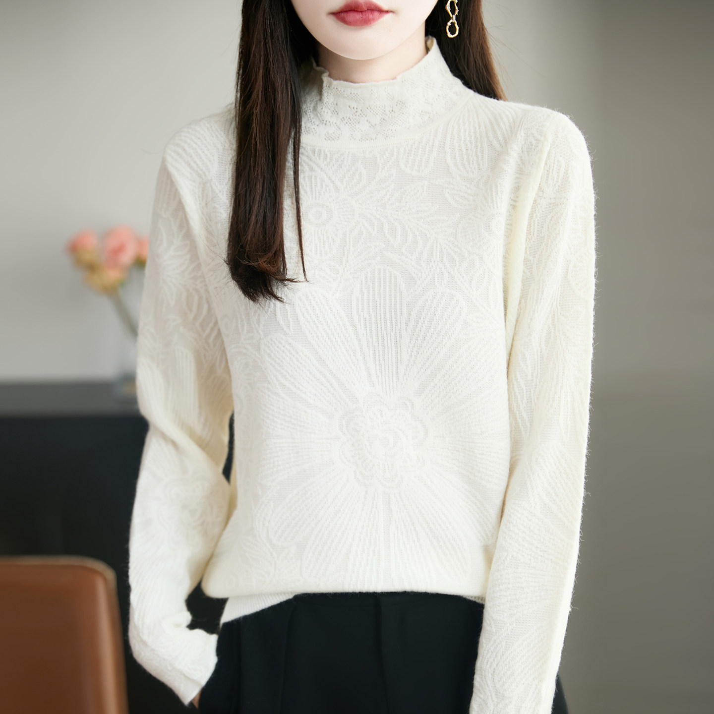 撤标撤柜(A)半高领显瘦提花针织打底衫女款秋季女装上衣秋冬毛衣