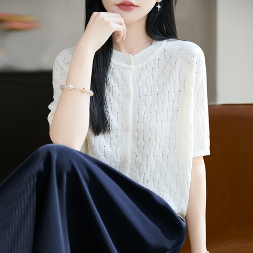 撤标撤柜（A）2026新镂空格纹开衫针织短袖t恤女夏薄款冰丝针织衫