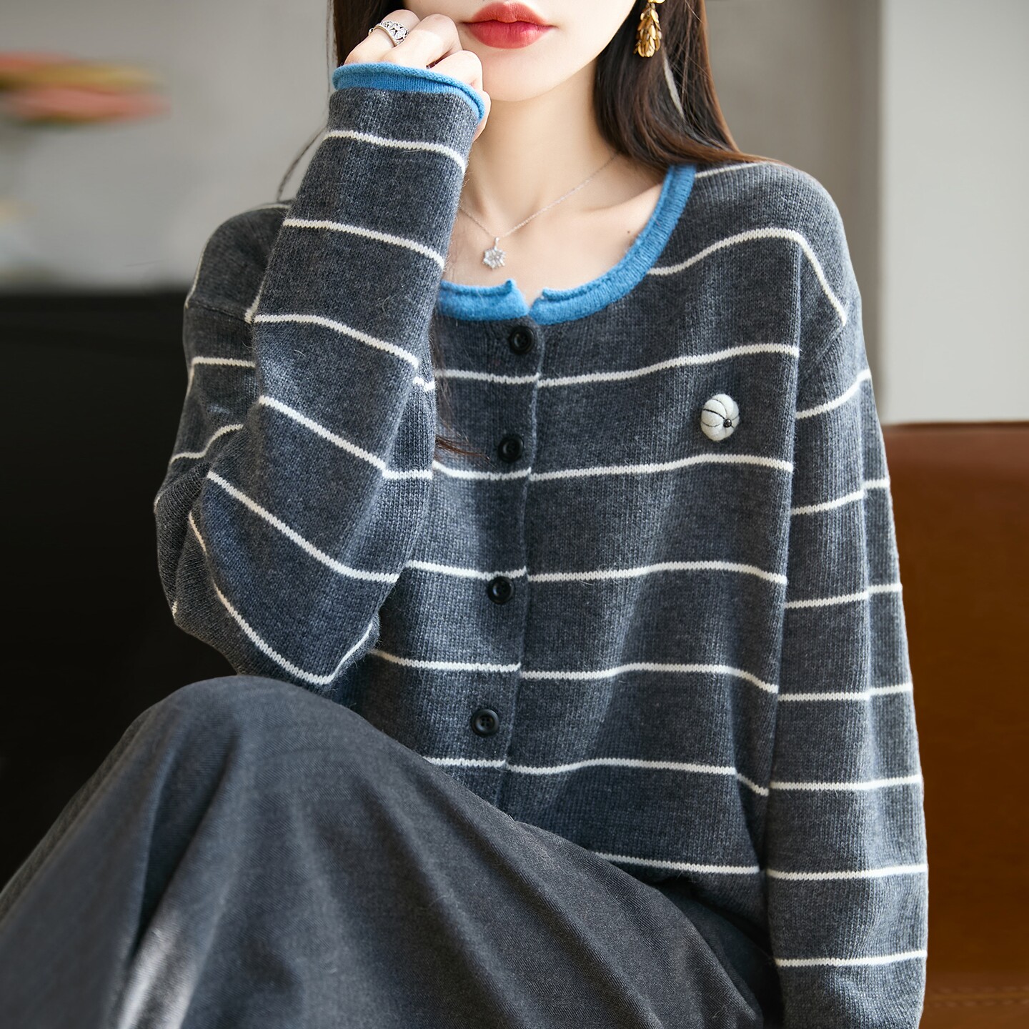 撤标撤柜！条纹立体南瓜针织开衫外套女洋气女装上衣秋冬毛衣