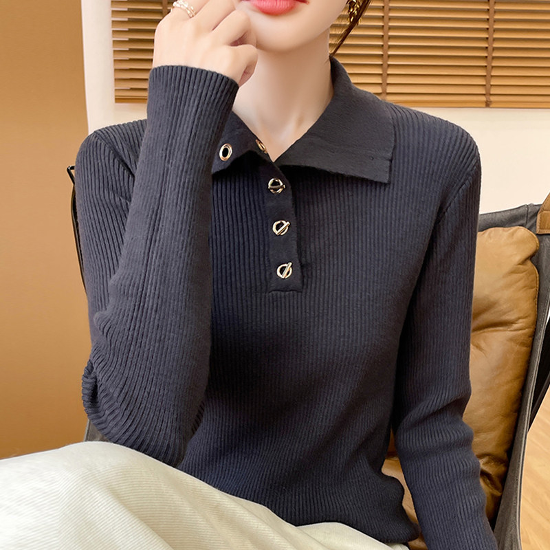 撤柜撤标(A)翻领针织打底衫女春秋流行内搭上衣洋气大码女装毛衣