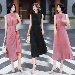 连衣裙女2025夏装超长裙到脚踝时尚气质无袖高领过膝今年流行裙子