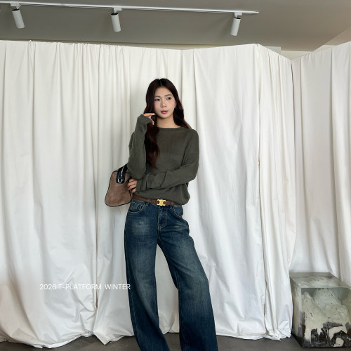 侧边小开叉内里细密薄拉绒牛仔裤
