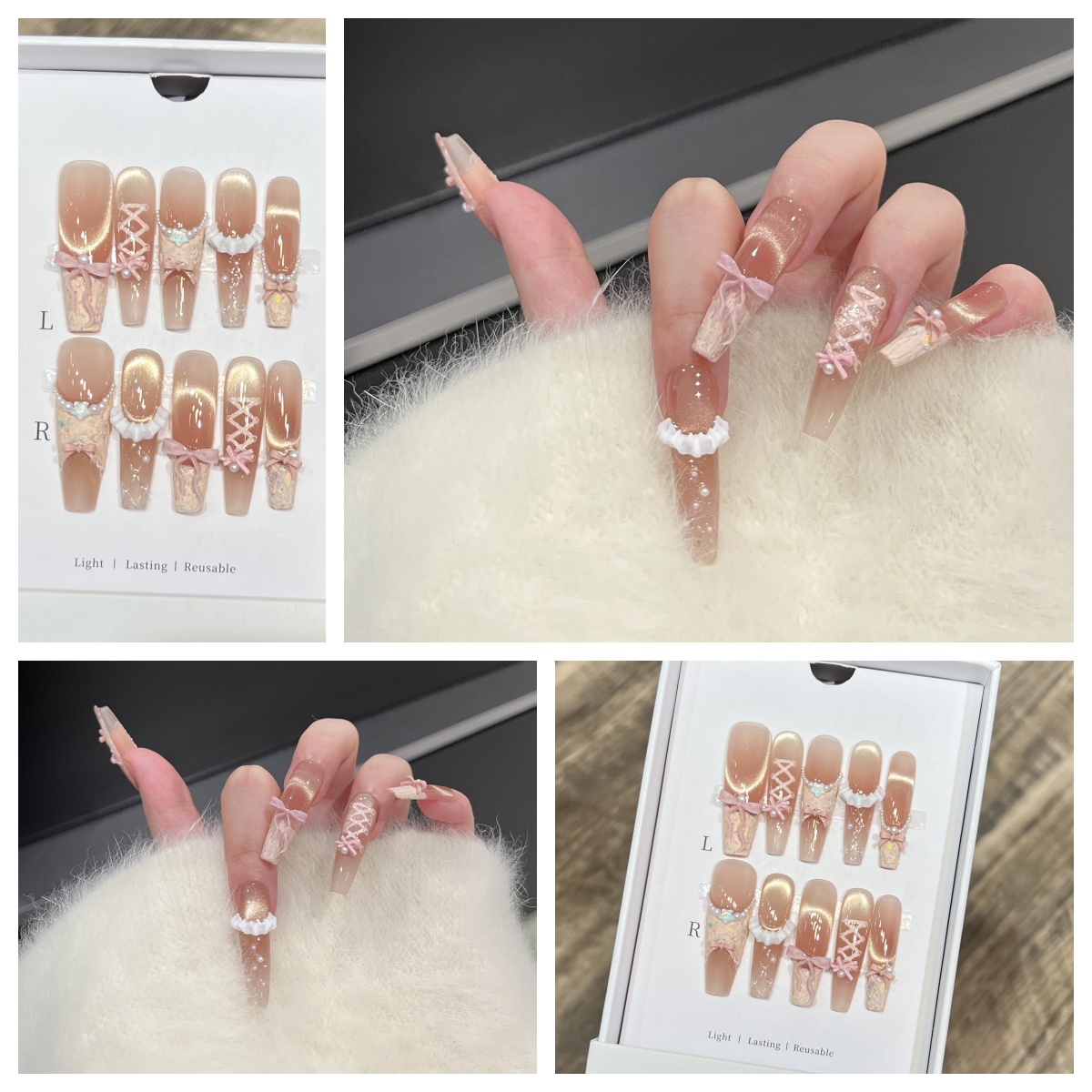 芭蕾奶芙裙边蝴蝶结猫眼美甲