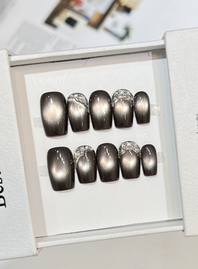 新款穿戴甲黑色猫眼水钻装饰大小妹现货美甲甲片