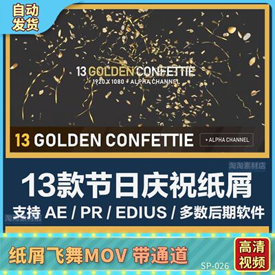 13款节日庆祝金色纸屑碎片喷射AE视频素材PR婚庆礼花彩飞舞带特效