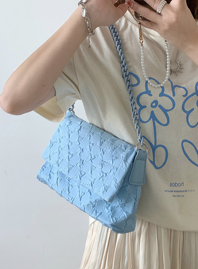 帆布包女2025新款潮秋冬小众质感蓝色链条邮差包百搭腋下包斜挎包