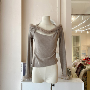 LHTE青青大码 纯欲辣妹一字肩挂脖卡其色毛毛打底上衣C5406 女装