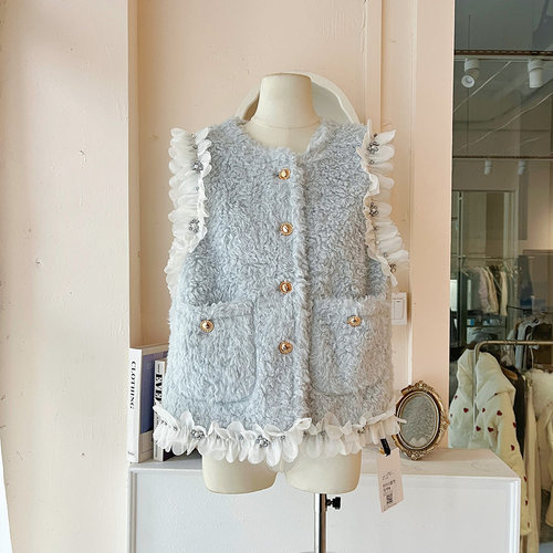 LHTE青青大码女装 冬款小香羊羔毛气质小众法式蓝色马甲A5312