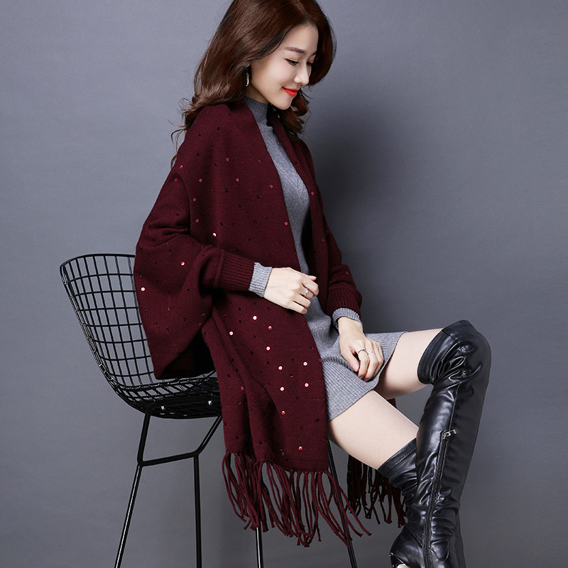 2025秋冬款羊绒可穿披肩带袖亮片结婚妈妈礼服长披风斗篷女外搭