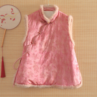 美伦柔粉庭花新中式夹棉马甲女2025桑蚕丝提花水貂毛上衣遮肉显瘦