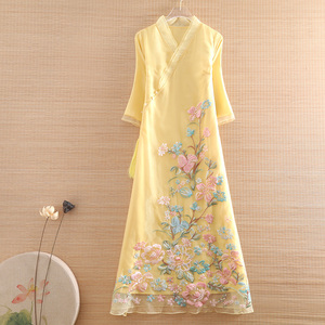 美伦新中式重工刺绣连衣裙女春夏改良汉服禅意茶服欧根纱显瘦国风