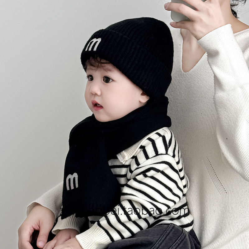 儿童帽子秋冬款毛线帽字母百搭潮宝宝套头帽男女宝针织帽防风保暖