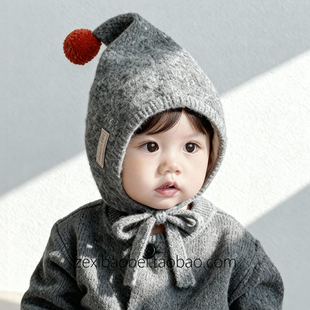 韩版洋气尖顶针织护耳帽男女宝宝秋冬款毛球系带防风毛线保暖帽子