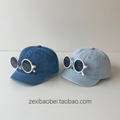 宝宝帽子春秋款 潮 鸭舌帽带墨镜男女宝牛仔布婴儿儿童棒球帽秋冬季