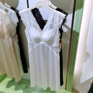 丽维33077夏季 轻奢气质显瘦家居服 薄款 V领带胸垫蕾丝睡裙法式